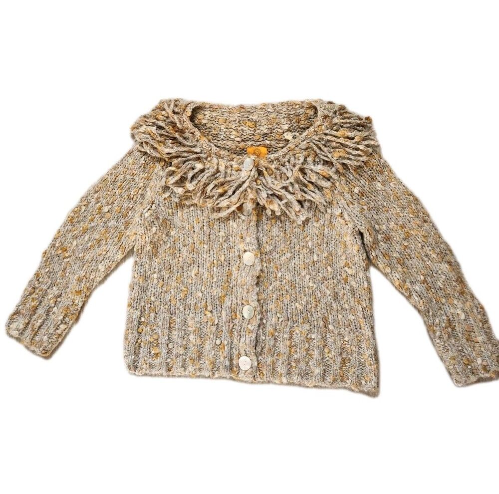 Ruby Rd Wool Blend Chunky Knit Cardigan Fringe Collar Boucle Boho Sweater L EUC